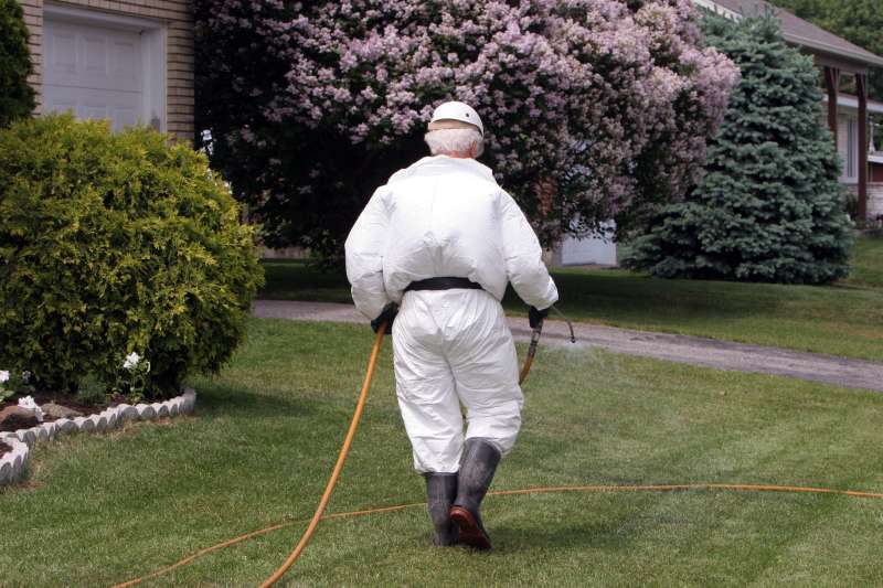 A person spraying herbicide on lawn