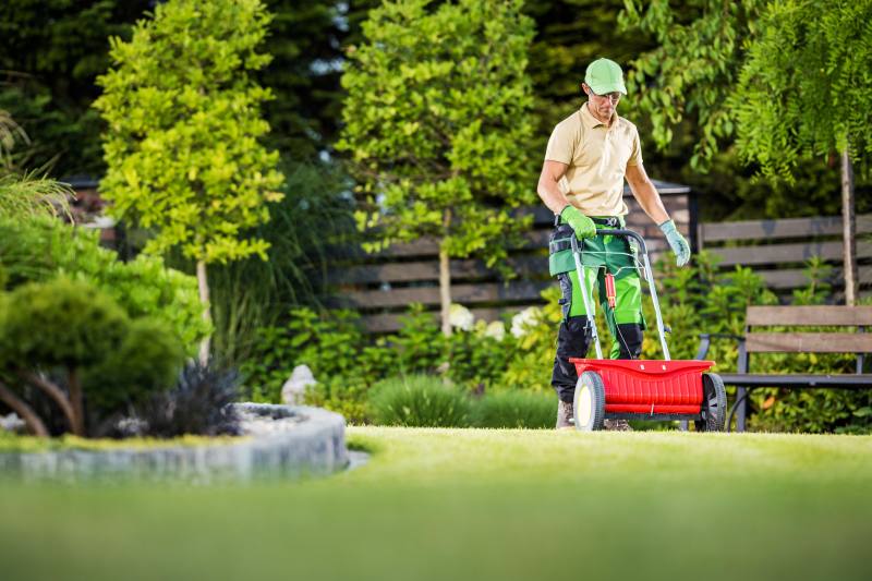 Professional Gardener with Lawn and Garden Seed Spreader